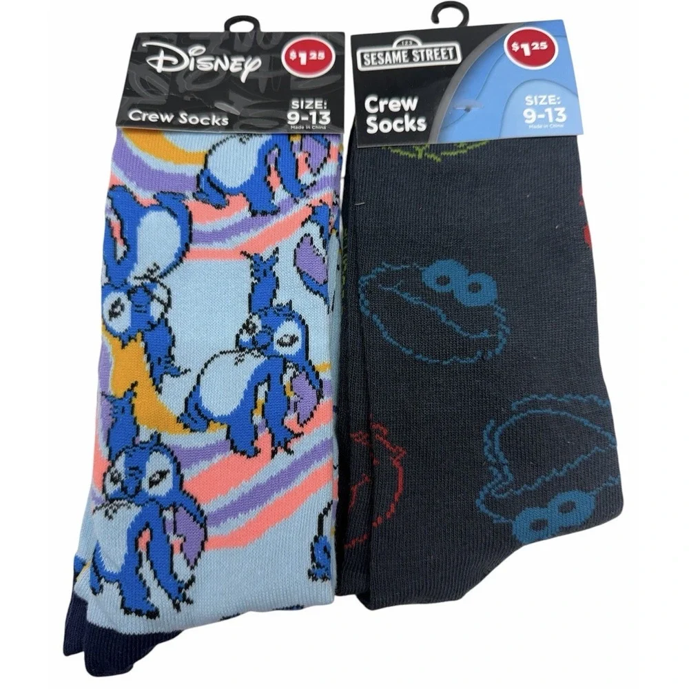 Disney‎ Stitch & Sesame Street Crew Socks Size 9-13 Mens Lot of 2 New
